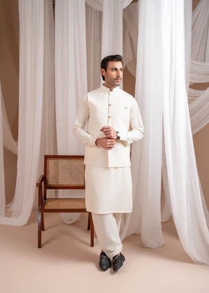 Bosky White Formal Kameez Shalwar with Blended Waistcoat - Straight Cut Buttoned- 3PC - Muraqsh