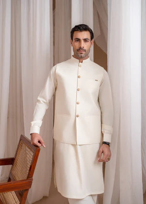 Bosky White Formal Kameez Shalwar with Blended Waistcoat - Straight Cut Buttoned- 3PC - Muraqsh