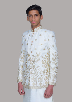 Dress Designers White Golden Tila EMB Prince Coat
