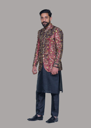 Dress Designers Maroon Golden EMB Prince Coat