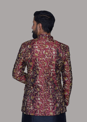 Dress Designers Maroon Golden EMB Prince Coat