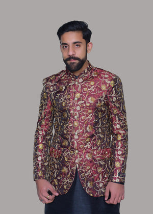 Dress Designers Maroon Golden EMB Prince Coat