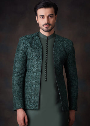 House Of Arsalan Iqbal Emerald Green Front open Prince Jacket.