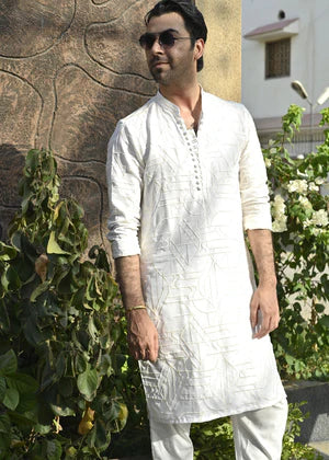 HK Fashion Off White Embroidered Lines Kurta Trouser For Wedding