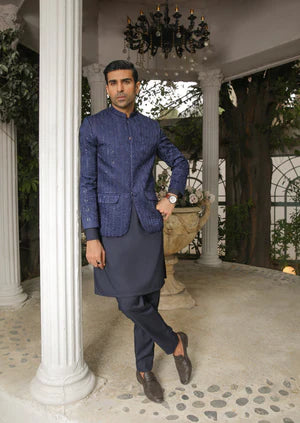 Navy Blue Sequin Embroidered Prince Coat - Men - Abdullah Amin By Muraqsh