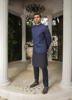 Navy Blue Sequin Embroidered Prince Coat - Men - Abdullah Amin By Muraqsh
