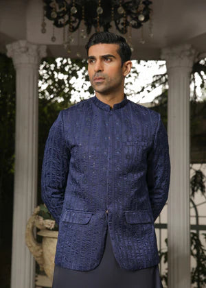 Navy Blue Sequin Embroidered Prince Coat - Men - Abdullah Amin By Muraqsh