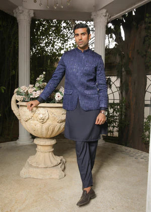 Navy Blue Sequin Embroidered Prince Coat - Men - Abdullah Amin By Muraqsh
