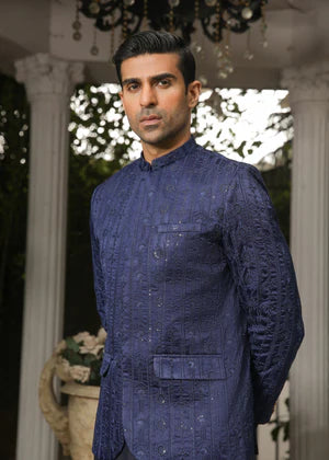 Navy Blue Sequin Embroidered Prince Coat - Men - Abdullah Amin By Muraqsh