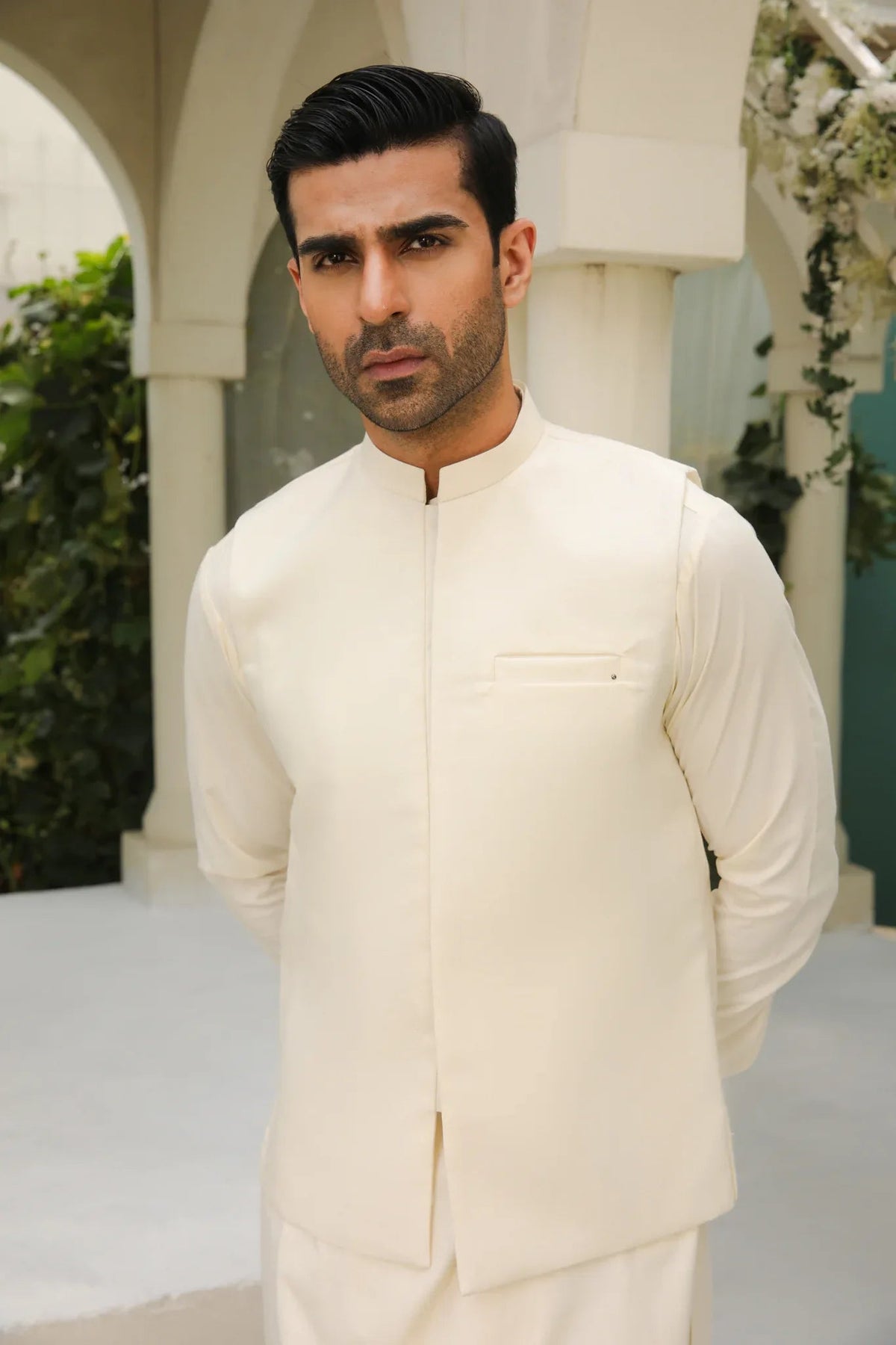 Bosky White Kameez Shalwar with Blended Waistcoat - Men