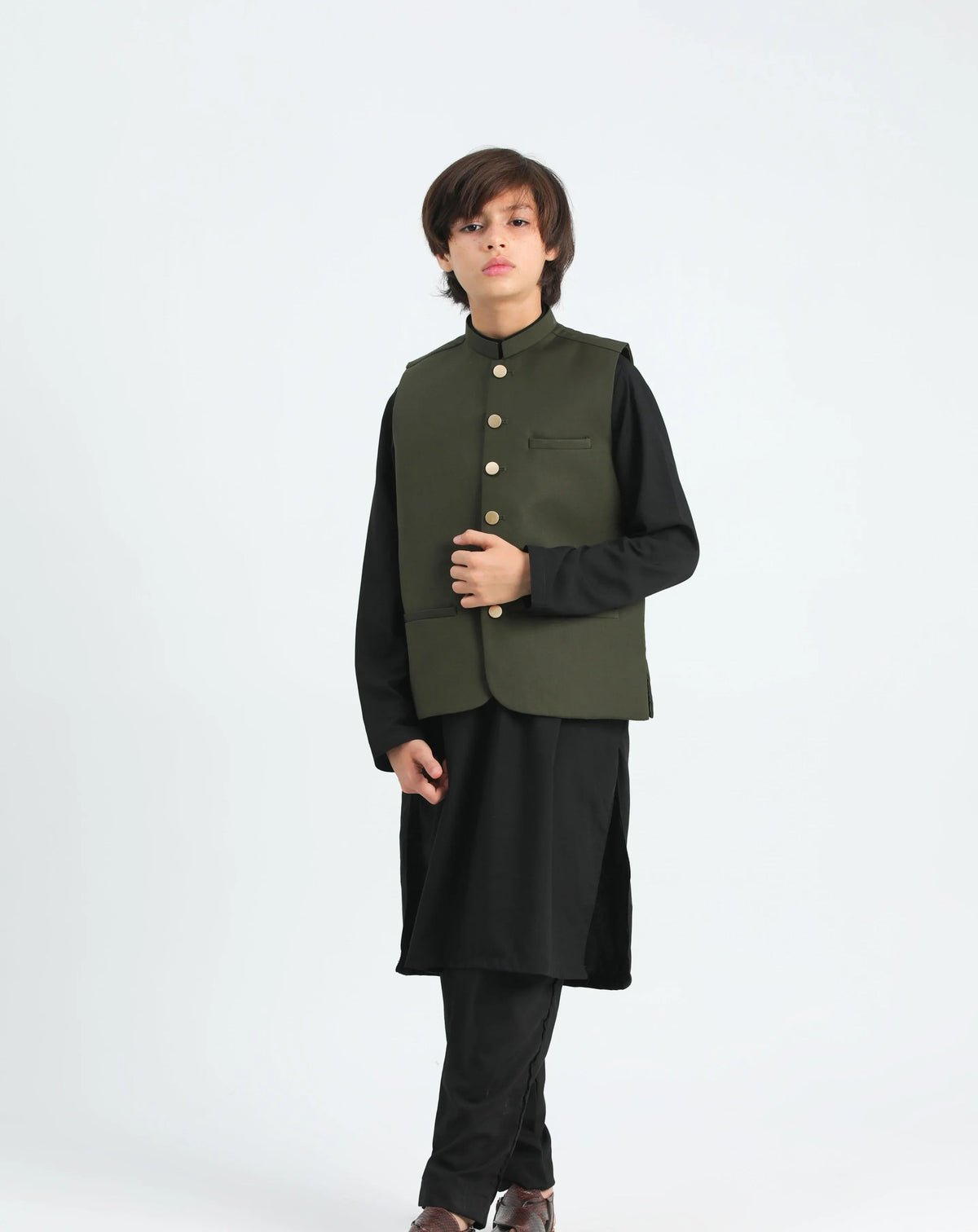 Black Kurta Trouser with Army Green Suiting Waistcoat - Kids