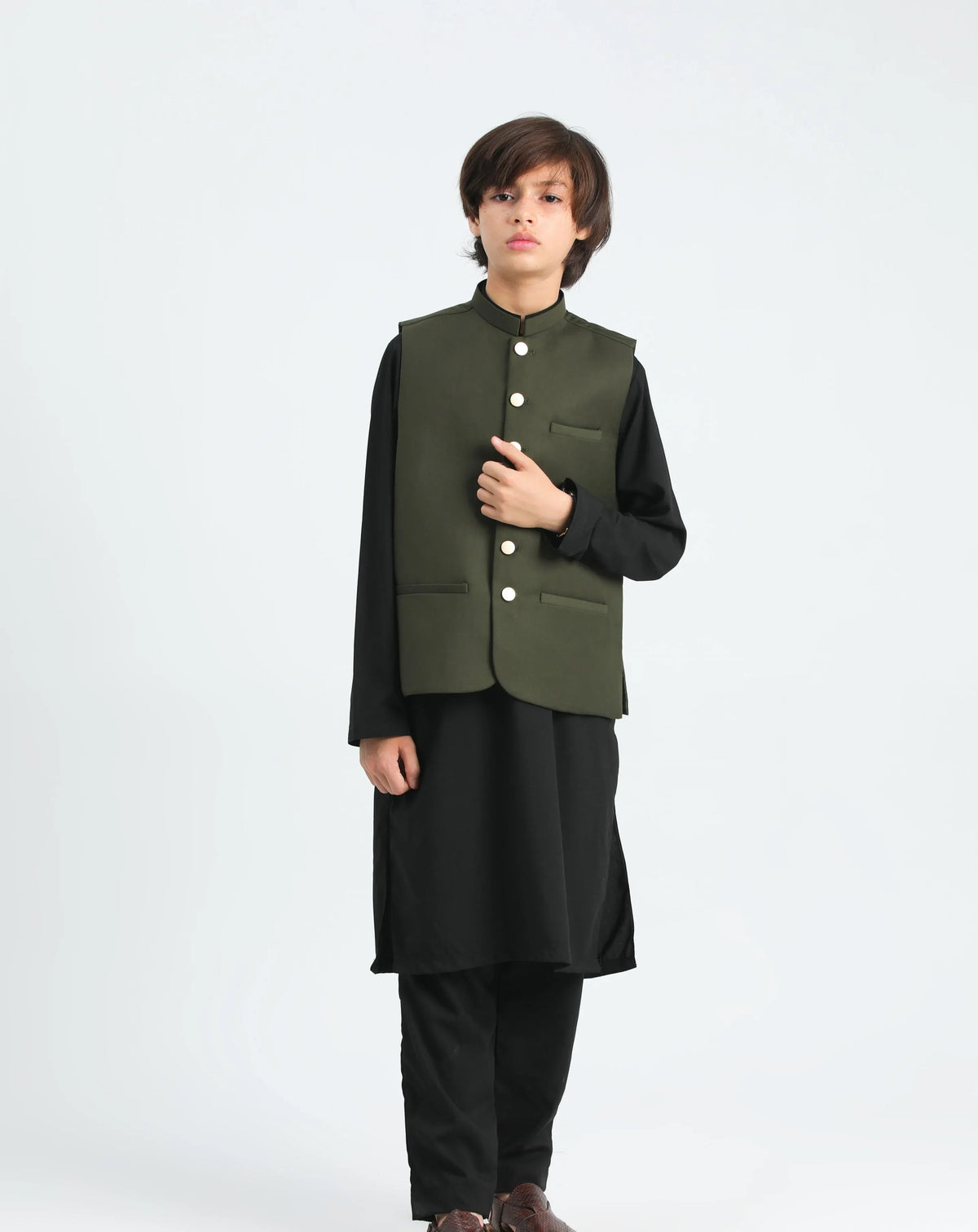 Black Kurta Trouser with Army Green Suiting Waistcoat - Kids