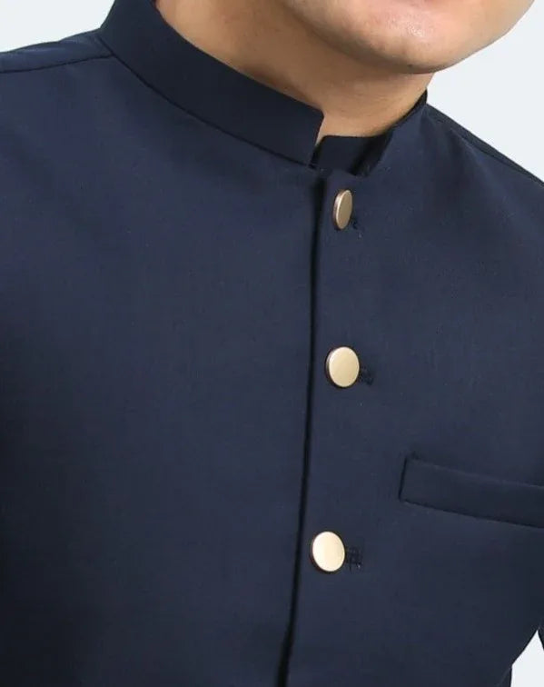 Off White Kameez Shalwar with Navy Blue Suiting Waistcoat - Round Cut - Men