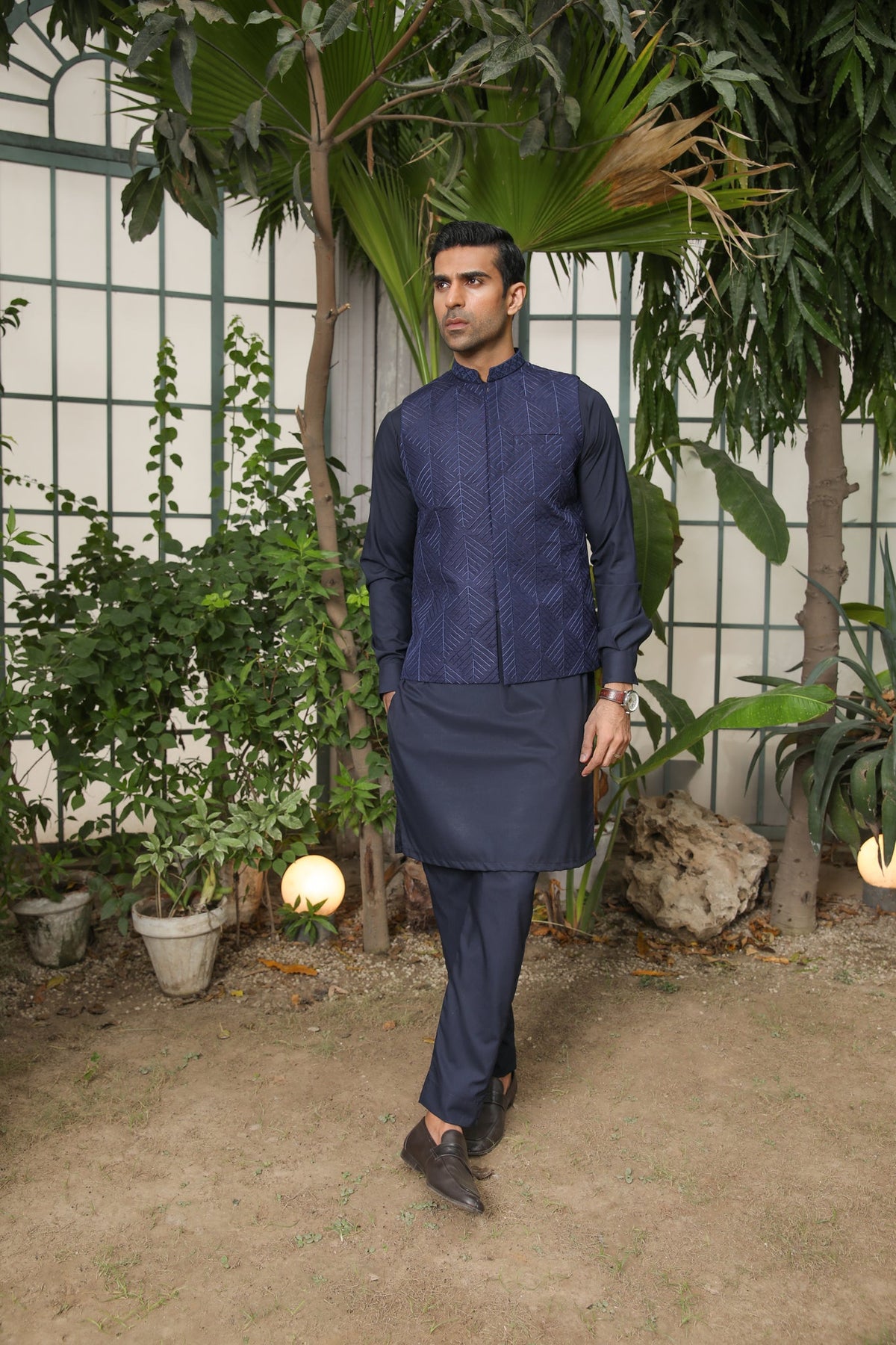 Navy Blue Kurta Trouser with Embroidered Waistcoat - Men