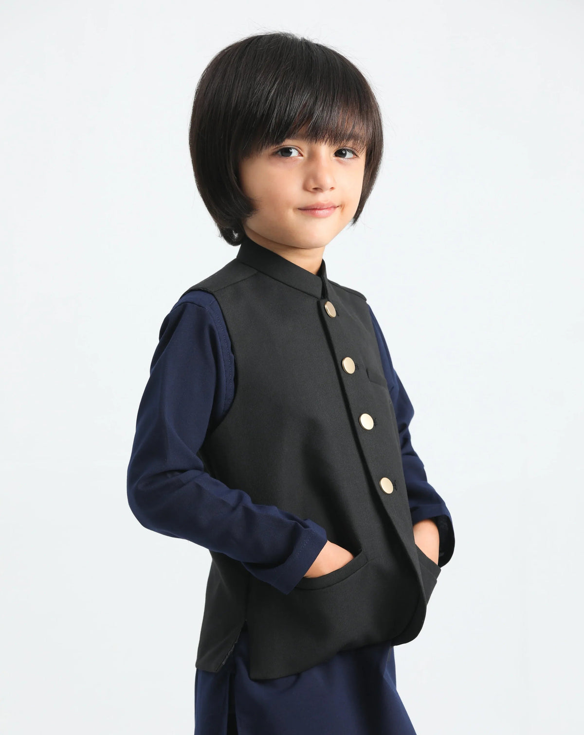 Navy Blue Kurta Trouser with Black Suiting Waistcoat - Kids