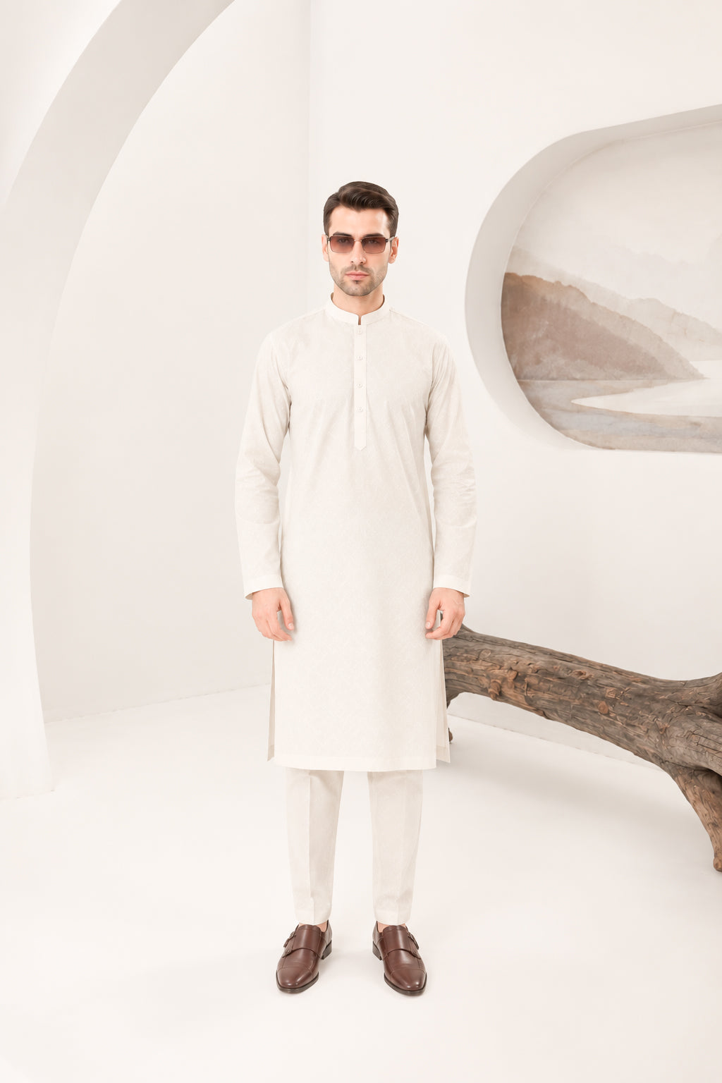 Off White Cotton Embroidered Kurta Trouser - Men
