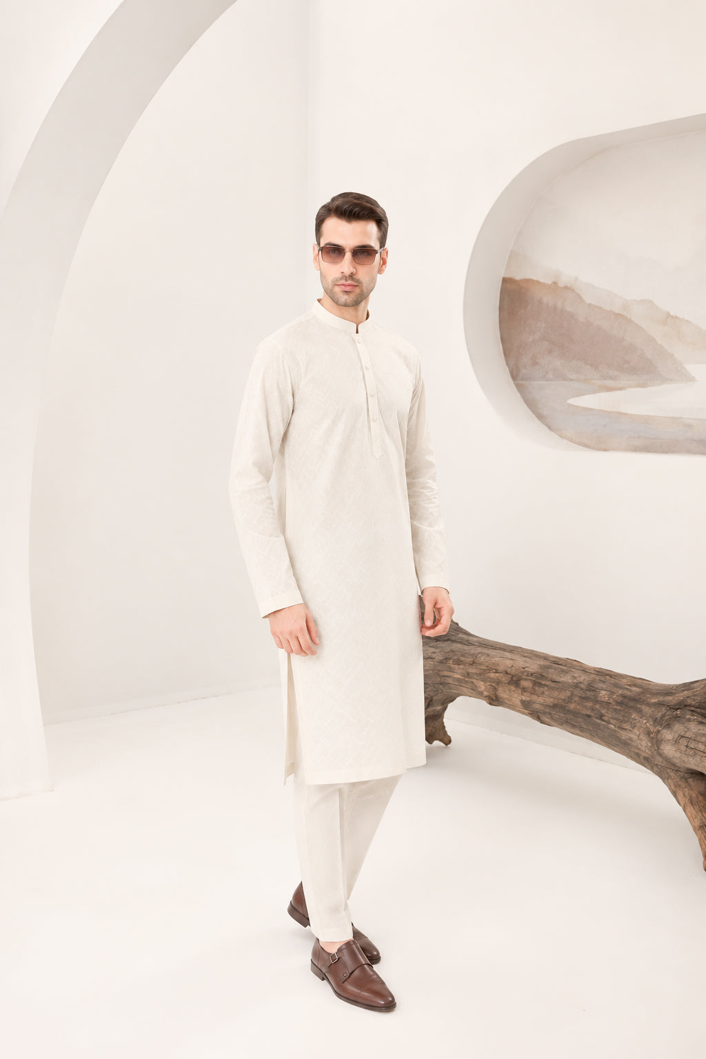 Off White Cotton Embroidered Kurta Trouser - Men