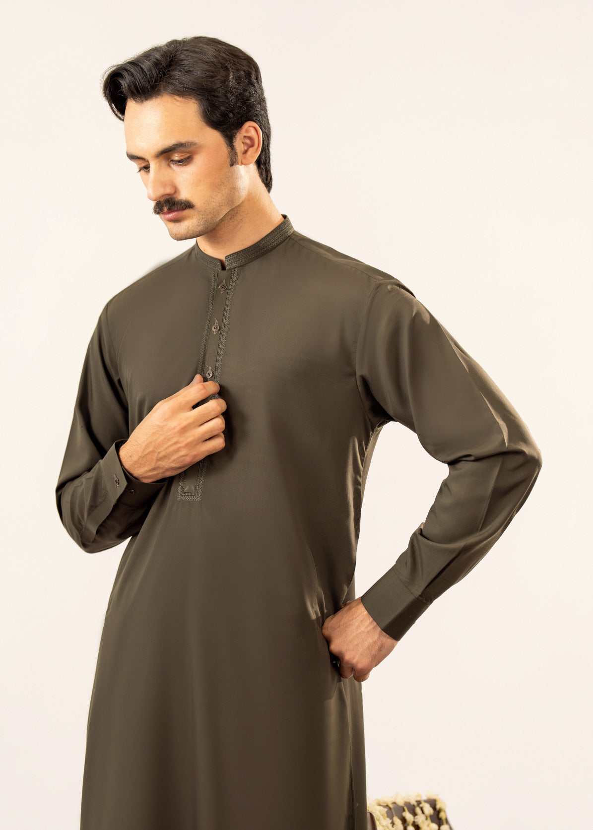 Formal Olive Green Kurta Shalwar - Collar Neck Embroidered - Men