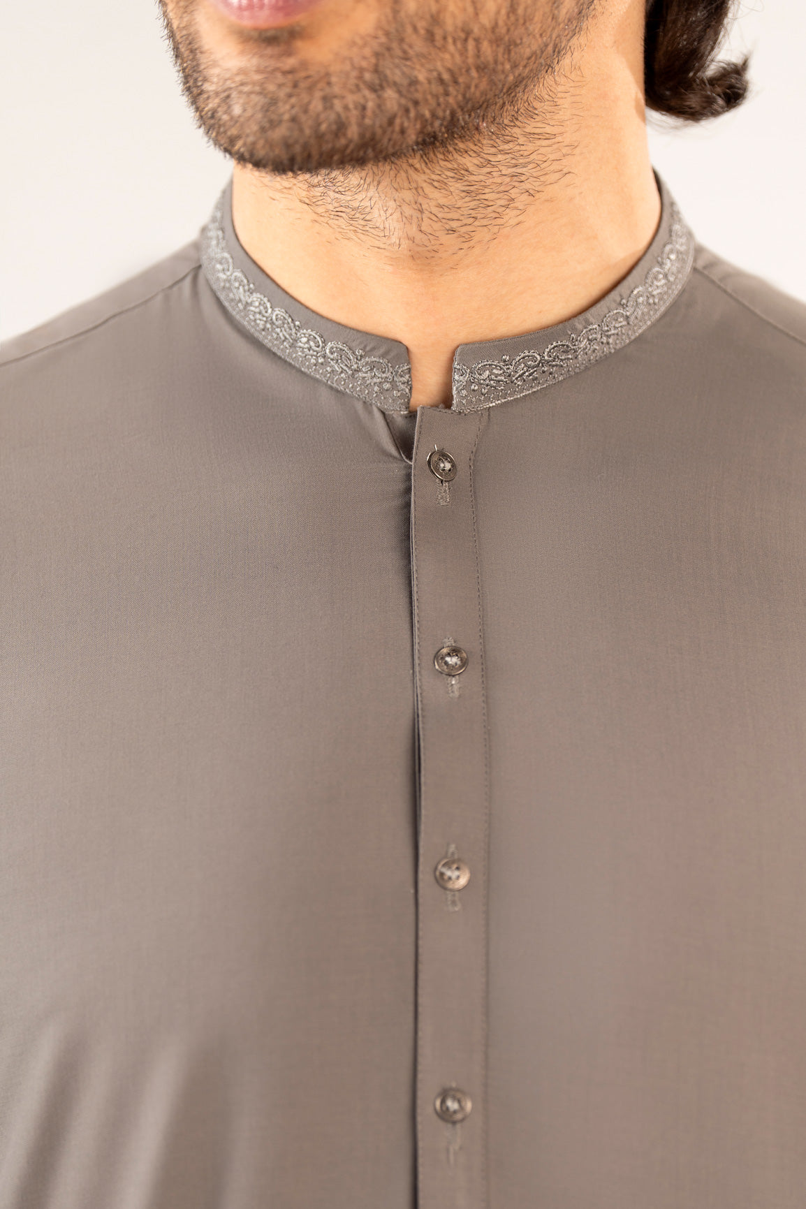 Formal Sand Grey Kurta Shalwar - Collar Neck Embroidered - Men