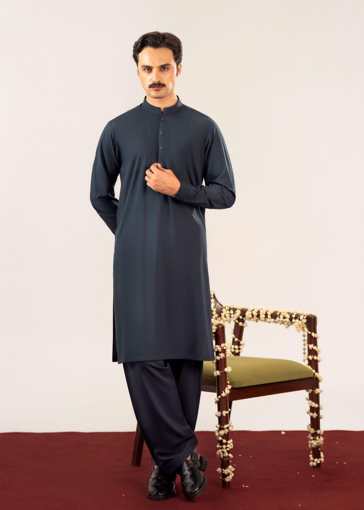 Midnight Blue Kurta Shalwar with Pick-Stitch Matching Waistcoat - Men