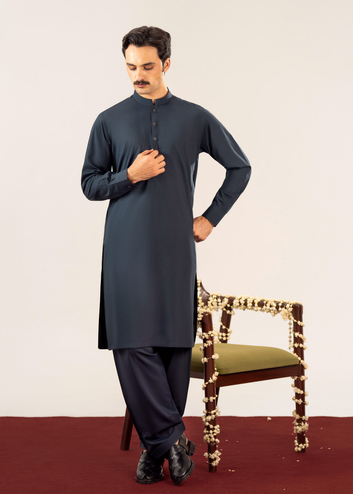 Midnight Blue Kurta Shalwar with Pick-Stitch Matching Waistcoat - Men