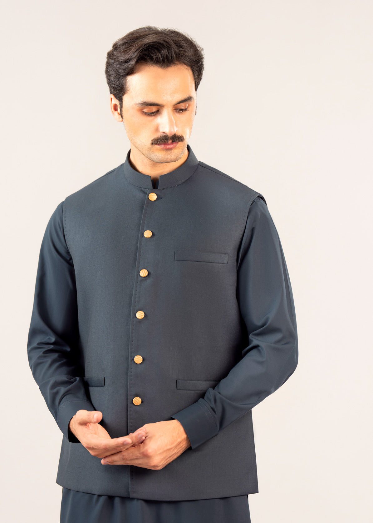 Midnight Blue Kurta Shalwar with Pick-Stitch Matching Waistcoat - Men