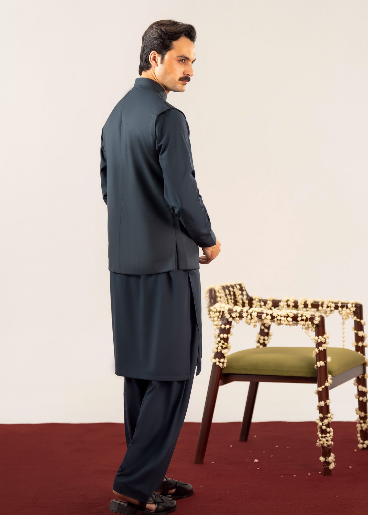 Midnight Blue Kurta Shalwar with Pick-Stitch Matching Waistcoat - Men
