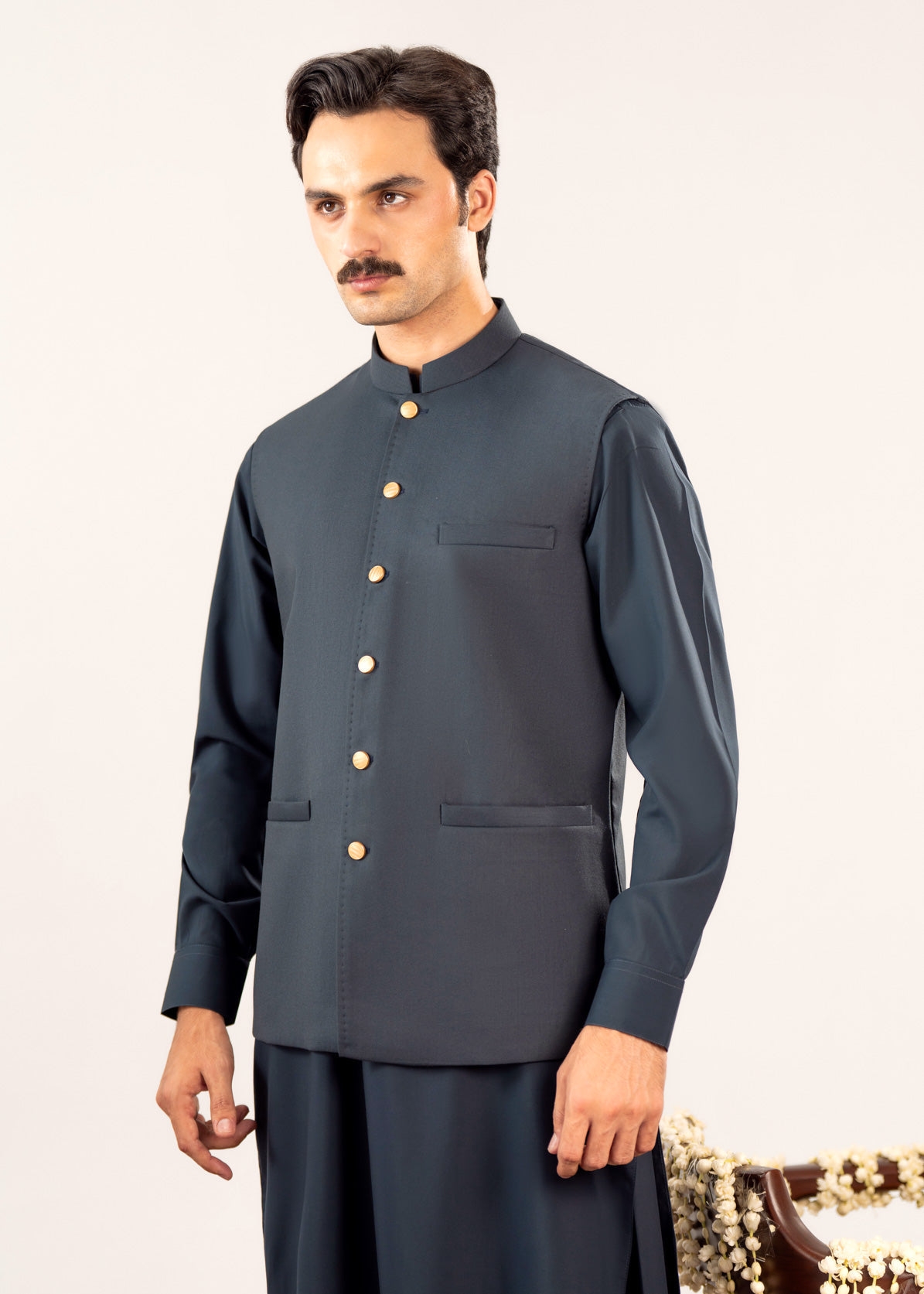 Midnight Blue Kurta Shalwar with Pick-Stitch Matching Waistcoat - Men