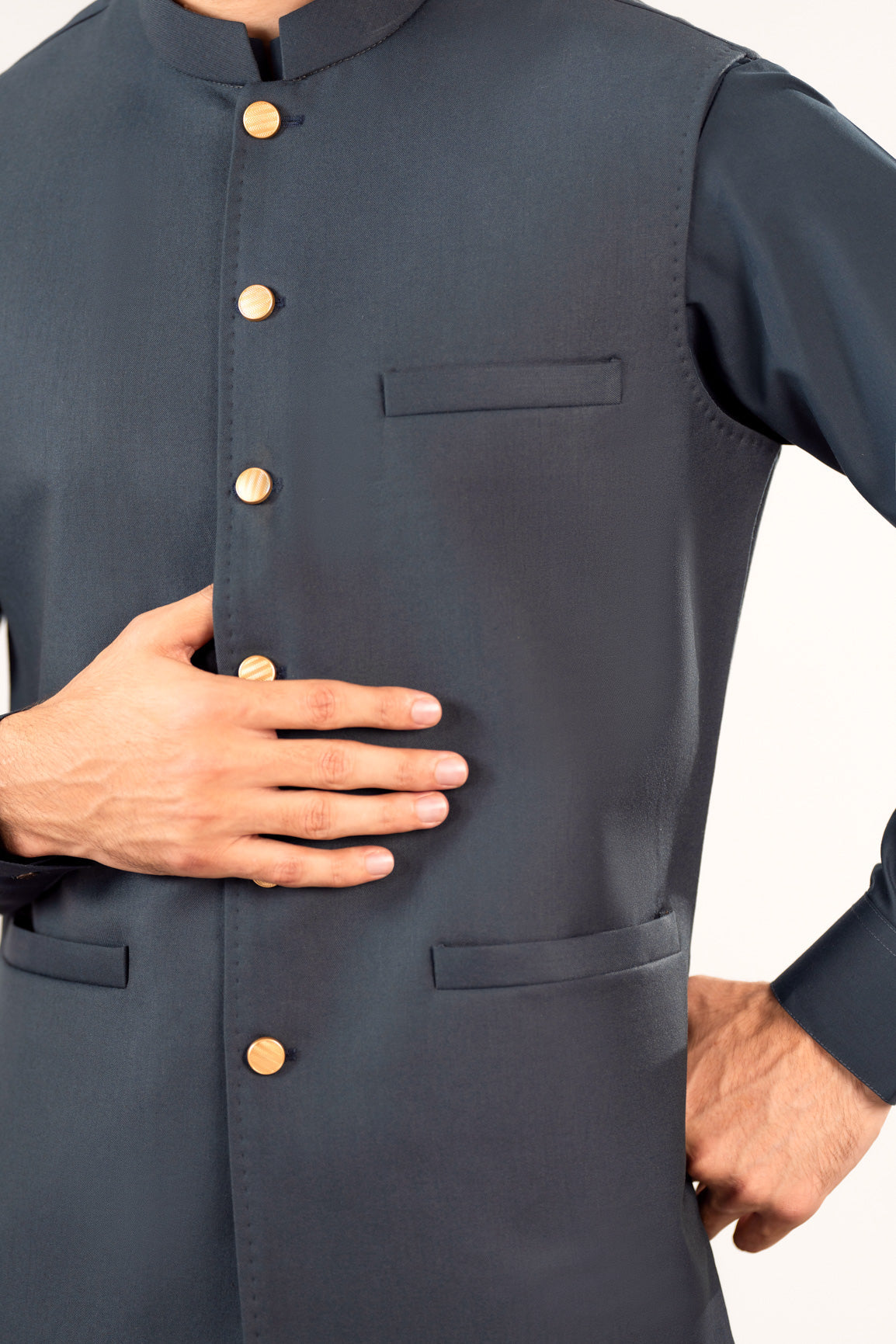 Midnight Blue Kurta Shalwar with Pick-Stitch Matching Waistcoat - Men