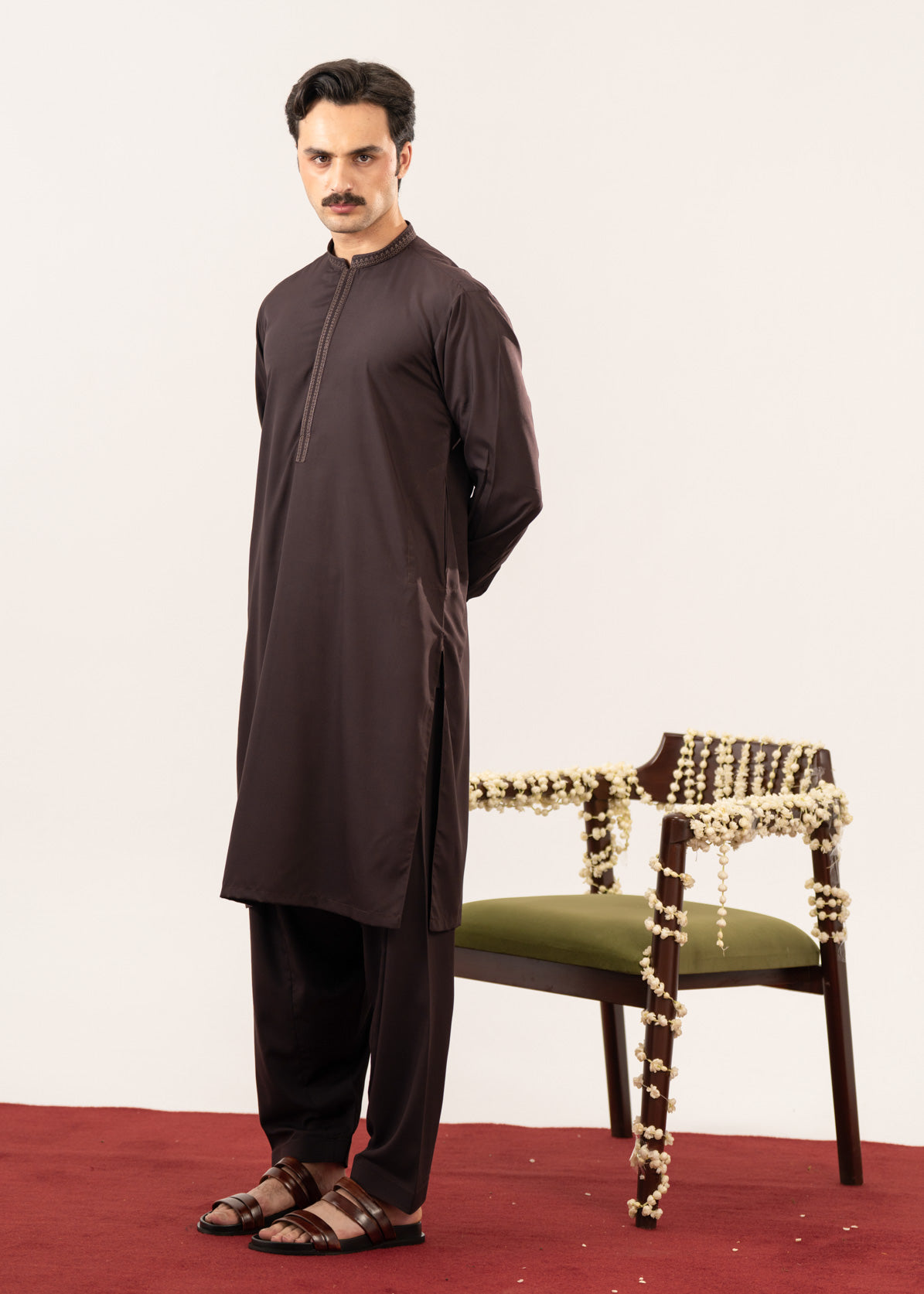 Formal Dark Brown Kurta Shalwar - Collar Neck Embroidered - Men