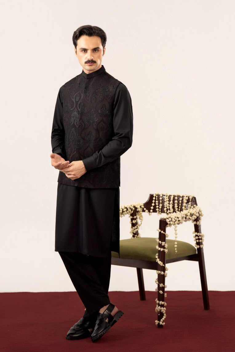 Black Kurta Trouser with Embroidered Waistcoat - 3PC