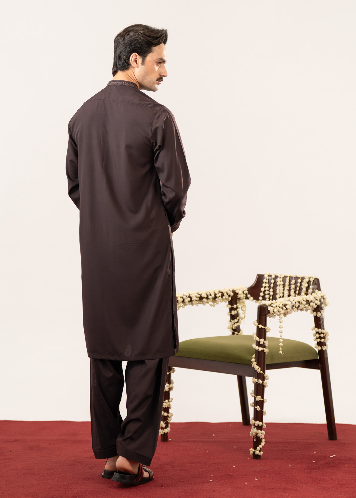 Formal Dark Brown Kurta Shalwar - Collar Neck Embroidered - Men