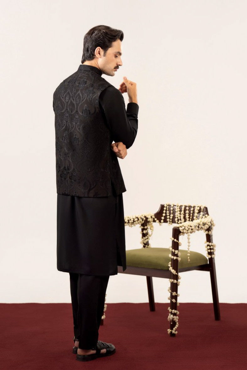 Black Kurta Trouser with Embroidered Waistcoat - 3PC