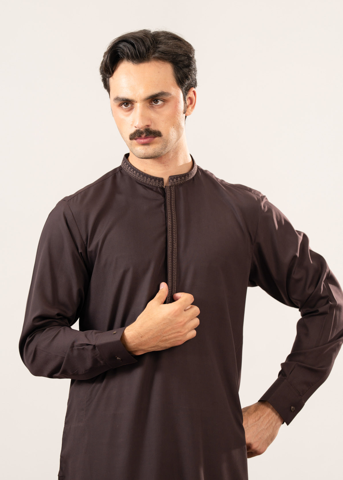 Formal Dark Brown Kurta Shalwar - Collar Neck Embroidered - Men