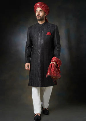 Jet black Talisman - All embroidered Sherwani - House Of Arsalan Iqbal