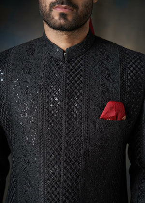 Jet black Talisman - All embroidered Sherwani - House Of Arsalan Iqbal