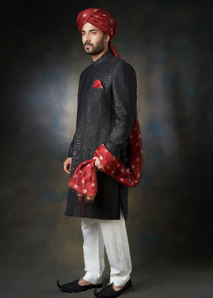 Jet black Talisman - All embroidered Sherwani - House Of Arsalan Iqbal