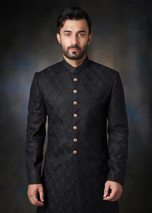 Jet Black - Persian artwork all thread and sequins Sherwani - House Of Arsalan Iqbal