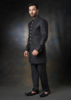 Jet Black - Persian artwork all thread and sequins Sherwani - House Of Arsalan Iqbal
