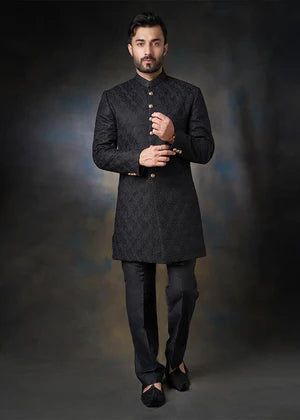 Jet Black - Persian artwork all thread and sequins Sherwani - House Of Arsalan Iqbal