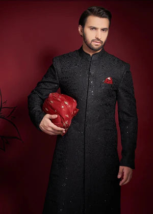 Jet Black Persian Painting Sherwani - All Embroidered - House Of Arsalan Iqbal
