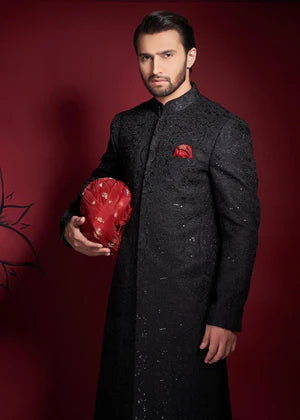 Jet Black Persian Painting Sherwani - All Embroidered - House Of Arsalan Iqbal
