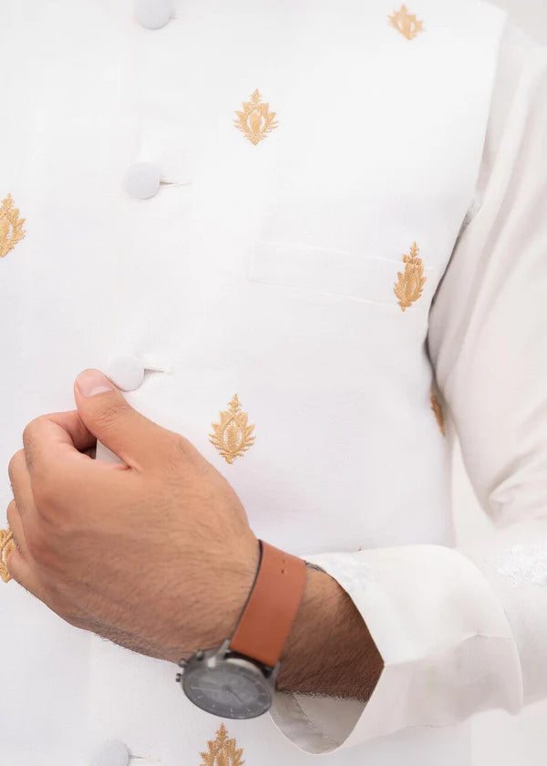 White Embroidered Booti Waistcoat - HK Fashion