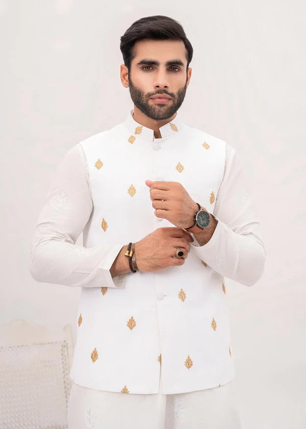 White Embroidered Booti Waistcoat - HK Fashion