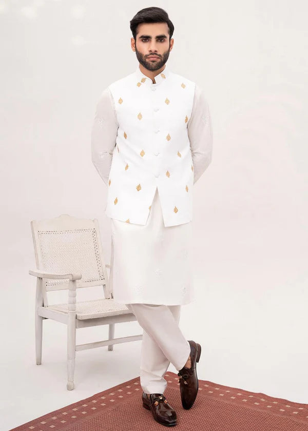 White Embroidered Booti Waistcoat - HK Fashion