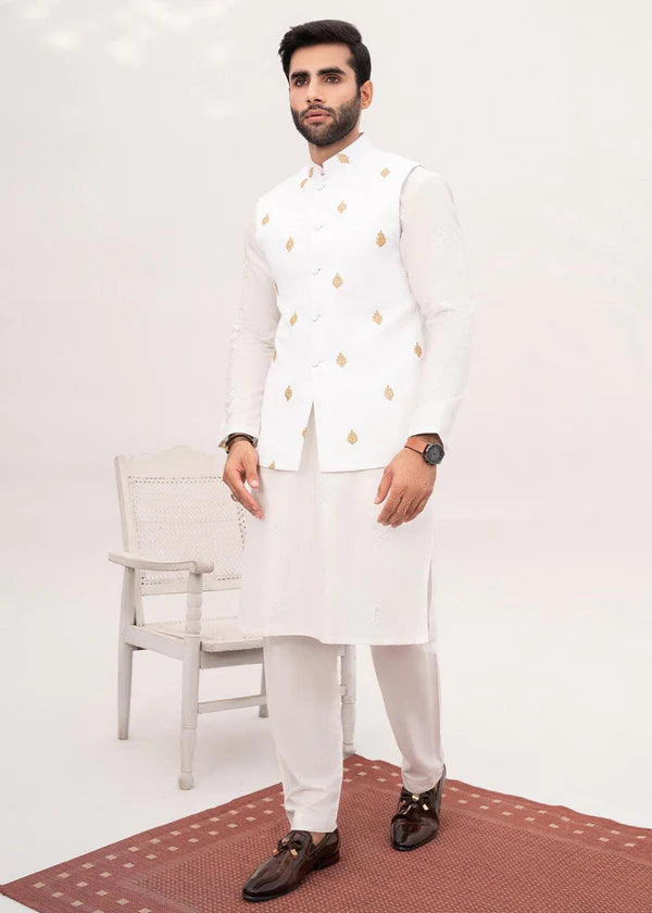 White Embroidered Booti Waistcoat - HK Fashion