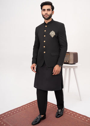 HK Fashion Black Embroidered Prince Coat