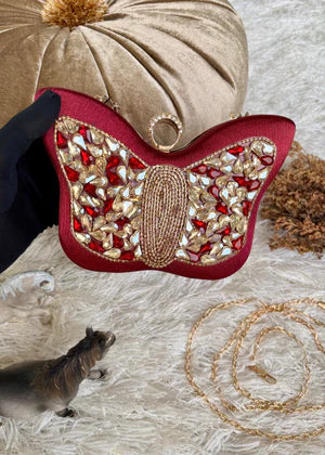 Butterfly Luxe Crystal Clutch – Maroon Royal Edition - Buland'S