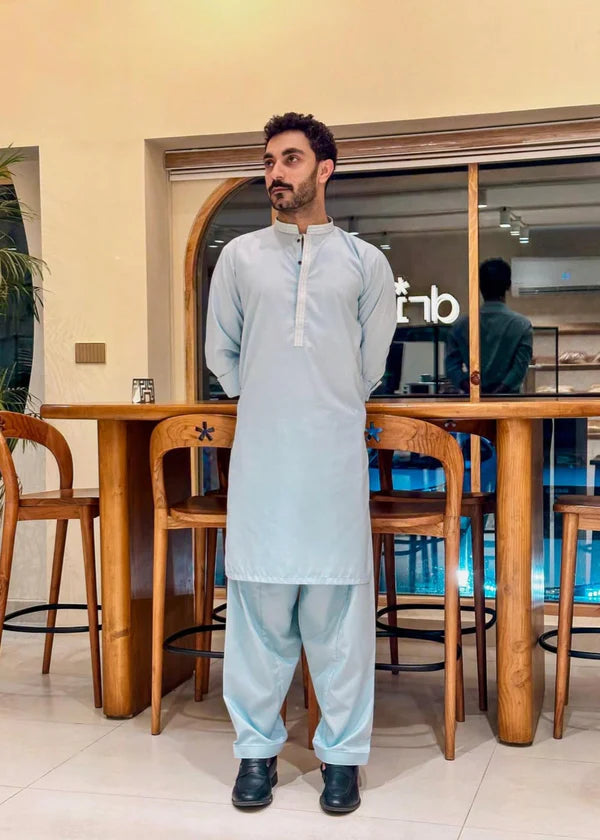 Formal Sky Blue Kurta Shalwar - Collar Neck Embroidered - Men - Muraqsh