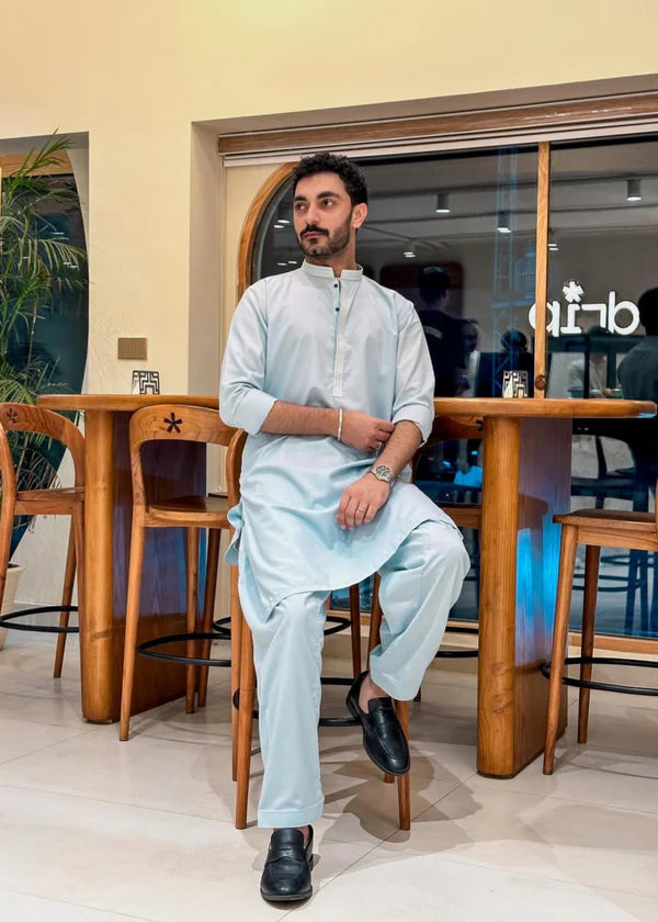 Formal Sky Blue Kurta Shalwar - Collar Neck Embroidered - Men - Muraqsh